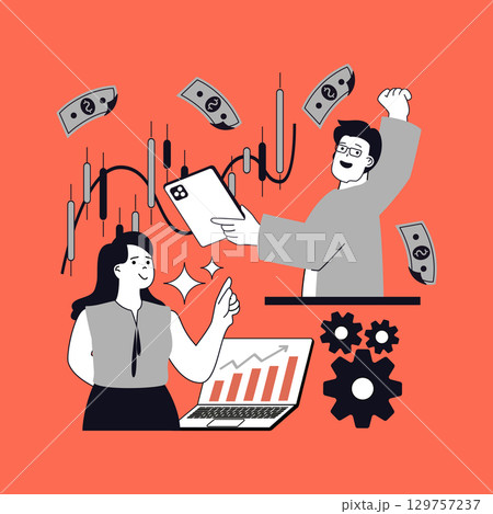 Business and finance concept for modern web design. People making financial performances analysis, planning investment strategy with money increase goals, doings banking payments. Vector illustration. 129757237