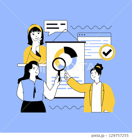 Basic office concept for modern web design. People researching financial charts report at presentation, discussing strategy, analyzing data, cooperating, collaborating at meeting. Vector illustration. 129757255