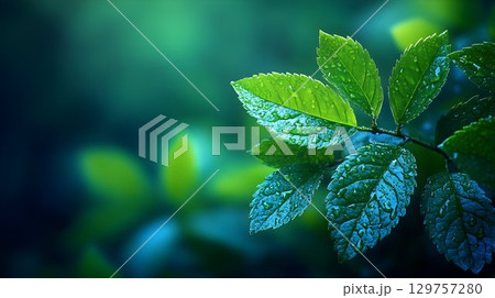 Lush green leaves with water droplets nature background image 129757280