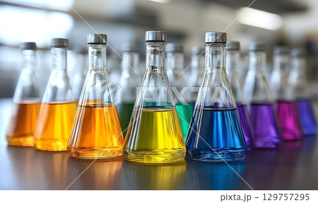 Colorful liquids in erlenmeyer flasks chemistry experiment research lab 129757295