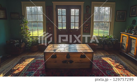 Sunlit room interior with wooden chest and plants Sunlit room interior with wooden chest and plants 129757299