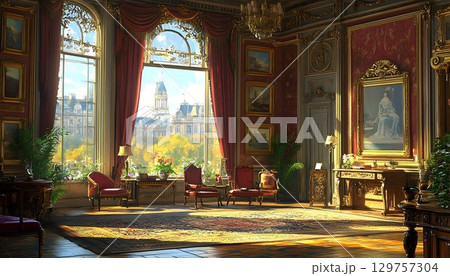 Elegant room interior with city view and autumn sunlight 129757304