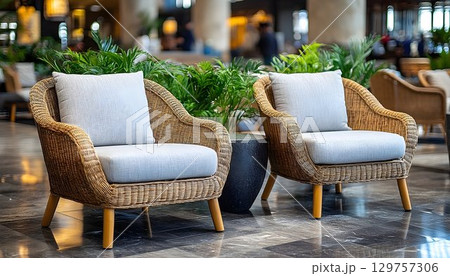 Modern wicker armchairs in a relaxing interior setting Modern wicker armchairs in a relaxing interior setting 129757306
