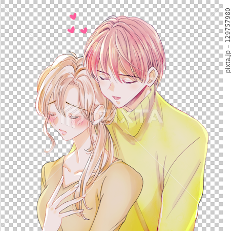 A man clinging to a blushing woman, backlit 129757980