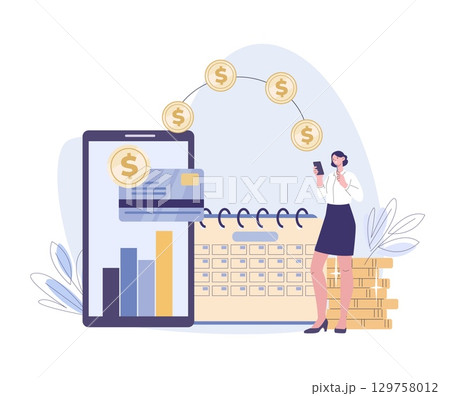 Woman use online bank app. Girl checks interest on deposit, investment growth, sends or receives money to credit card, vector scene Woman use online bank app. Girl checks interest on deposit, investment growth, sends or receives money to credit card, vector scene 129758012