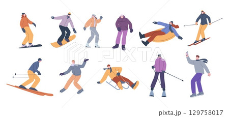 Skiing sledding and snowboarding characters. People in winter sport outfits. Sport man woman on skates. Seasonal outdoor activities, vector set Skiing sledding and snowboarding characters. People in winter sport outfits. Sport man woman on skates. Seasonal outdoor activities, vector set 129758017
