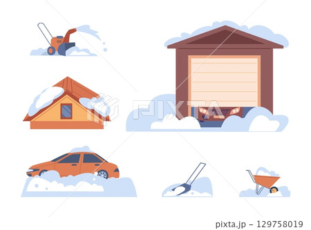 Roof, garage, car after snowfall. Tools and accessories for snow removal. Winter time in suburb, village, city. Snowy cap elements, vector set Roof, garage, car after snowfall. Tools and accessories for snow removal. Winter time in suburb, village, city. Snowy cap elements, vector set 129758019