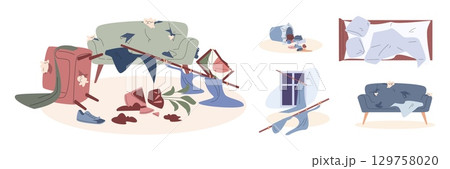 Home destroy scenes. Torn sofa and armchair, broken flower pot, fallen curtains. Disorder in the apartment, trash and destruction, vector elements Home destroy scenes. Torn sofa and armchair, broken flower pot, fallen curtains. Disorder in the apartment, trash and destruction, vector elements 129758020