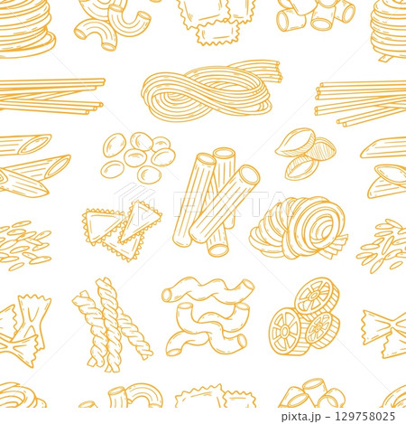 Doodle pasta pattern. Traditional italian meal ingredients, different types of pasta. Hand drawn print design for fabric, wrapping, menu, neoteric vector background Doodle pasta pattern. Traditional italian meal ingredients, different types of pasta. Hand drawn print design for fabric, wrapping, menu, neoteric vector background 129758025