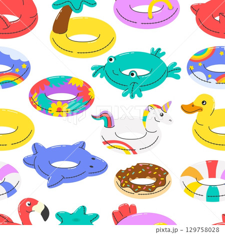 Rubber rings seamless pattern. Children inflatable ring different shapes. Swimming support accessories. Print for fabric, wallpaper, neoteric vector background Rubber rings seamless pattern. Children inflatable ring different shapes. Swimming support accessories. Print for fabric, wallpaper, neoteric vector background 129758028