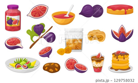 Fig desserts. Sweet fig fruits and desserts, marmalade and jam in jar, toast and pancakes. Organic healthy vitamin food, breakfast meal, neoteric vector set 129758032