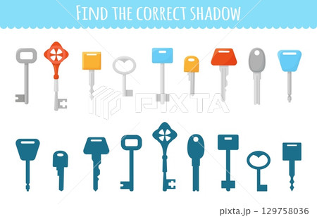 Find correct key shadow. Simple children play, educational development task for toddlers. Different types of keys and its shadows, neoteric vector template Find correct key shadow. Simple children play, educational development task for toddlers. Different types of keys and its shadows, neoteric vector template 129758036