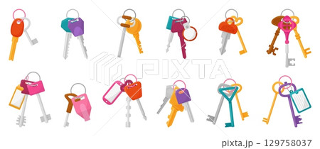 Key bunches. Modern retro keys with signature tags. Isolated bunch with different types lock pick. Symbols of new estate or car, rental, neoteric vector set Key bunches. Modern retro keys with signature tags. Isolated bunch with different types lock pick. Symbols of new estate or car, rental, neoteric vector set 129758037