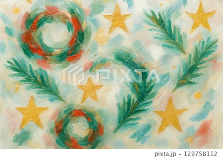 Christmas abstract illustration featuring festive wreaths, stars, and spruce branches in vibrant colors, concept of holiday decoration and cheerful winter theme 129758112