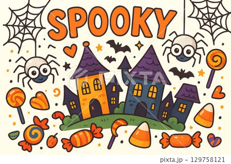 Halloween cartoon magic spooky scene with candy, haunted houses, spiders, and bats for festive holiday celebration and whimsical autumn decor illustration 129758121
