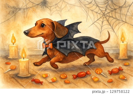 Dachshund dressed as bat in halloween costume with candy and candles in spooky room. concept of halloween celebration, costumed pet, festive decor 129758122