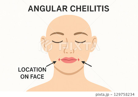 Medical illustration of angular cheilitis showing location on face near mouth corners. Concept of skin disease, lips infection, dermatology, oral health problem, diagnosis and treatment 129758234