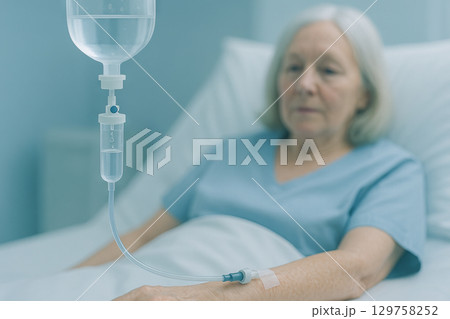 Elderly woman receiving intravenous therapy at hospital bedside for medical treatment and care. concept of healthcare, patient recovery, medical support. 129758252