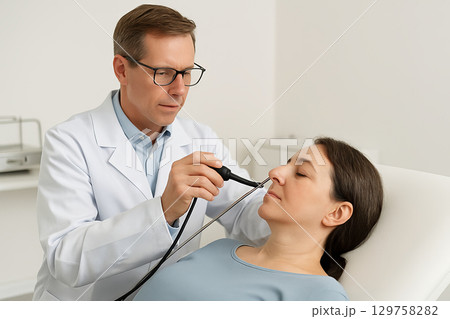 Doctor performing nasal endoscopy on female patient in clinic. ENT diagnostic examination with flexible endoscope, otolaryngology procedure for nose and sinus evaluation 129758282