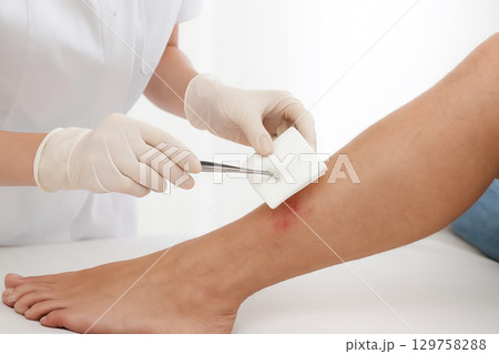 Nurse treating patient's leg wound with gauze and tweezers in medical setting. concept of healthcare, first aid, wound care Nurse treating patient's leg wound with gauze and tweezers in medical setting. concept of healthcare, first aid, wound care 129758288
