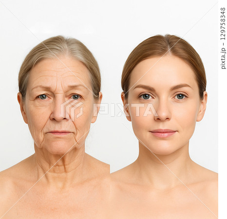 Comparison of aging effects, close-up portrait of an elderly and young caucasian woman highlighting differences in skin and features 129758348