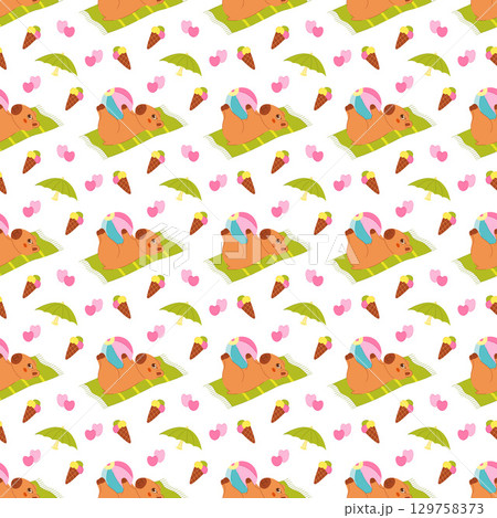 Seamless pattern with cute capybara, ball, umbrella, ice cream, hearts, beach towel.  Seamless pattern with cute capybara, ball, umbrella, ice cream, hearts, beach towel.  129758373