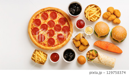 Delicious fast food spread featuring pizza, burgers, fries, nuggets, sushi, and wrap on white background. concept of varied cuisine, indulgent meal, casual dining 129758374