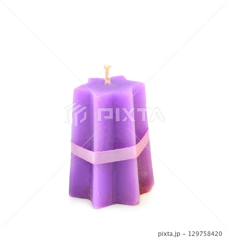 Lavender scented candles isolated on white. Free space for text. 129758420