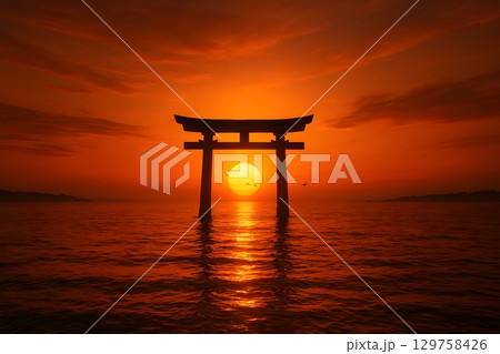 夕日の海に佇む伝統的な日本の鳥居のシルエットと劇的なオレンジの空と水面の反射 129758426