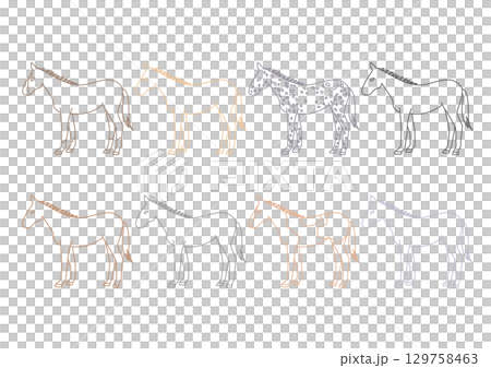 Horse breeds vector illustration set (line drawing) 129758463