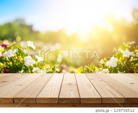 白いウッドデッキとピンクの花 白いウッドデッキとピンクの花 129758512
