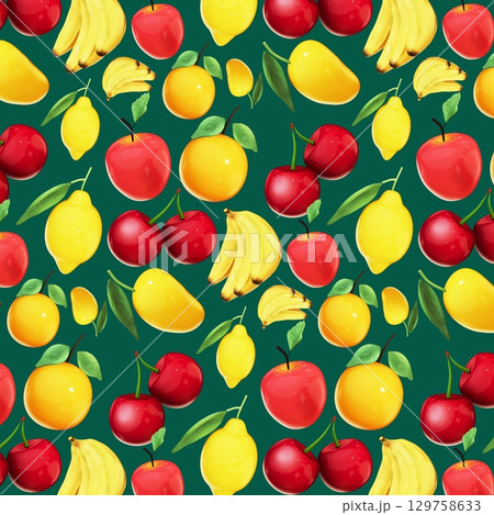 Seamless 3D Fruit Pattern on green Background 129758633
