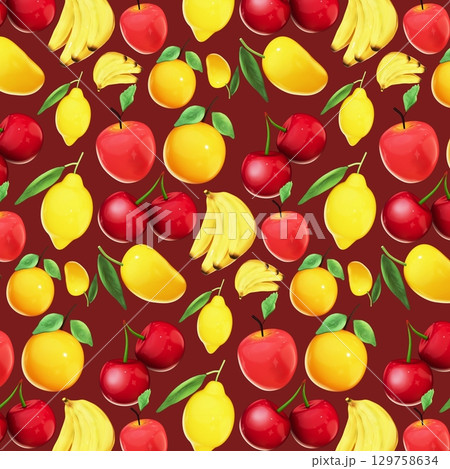 Seamless 3D Fruit Pattern on red Background 129758634