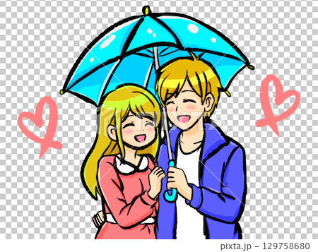 仲良く相合傘をするカップルのイラスト素材3 129758680