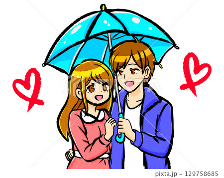 仲良く相合傘をするカップルのイラスト素材 仲良く相合傘をするカップルのイラスト素材 129758685