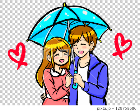 仲良く相合傘をするカップルのイラスト素材2 129758686