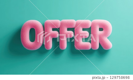 Soft textured pink word OFFER in bold 3D design on blue backdrop 129758698