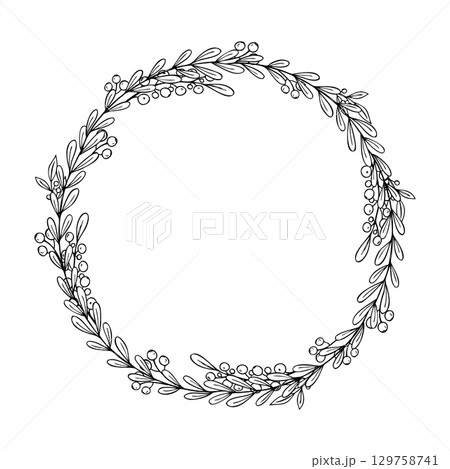 Vector monochrome evergreen berry branches isolated wreath line ink illustration. Foliage with berries round frame with copy space for text. Holiday template for Christmas, wedding invitation 129758741