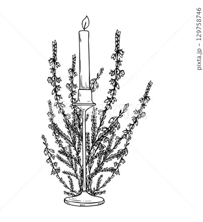 Monochrome vector burning candle and heather bouquet line art black ink sketch. Scandinavian evergreen plant with flower etching drawing for Christmas decor, holiday packaging, greeting cards. Monochrome vector burning candle and heather bouquet line art black ink sketch. Scandinavian evergreen plant with flower etching drawing for Christmas decor, holiday packaging, greeting cards. 129758746