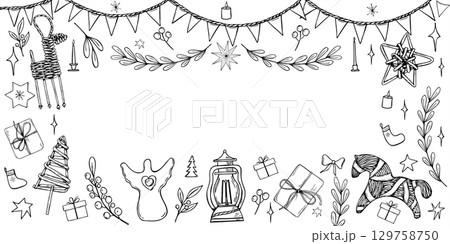 Xmas decoration vector horizontal frame painted by black inks. Scandinavian Yule traditional wooden toys, candle, cone, heather, star, lantern, gift graphic sketch for Nordic holiday decor. Xmas decoration vector horizontal frame painted by black inks. Scandinavian Yule traditional wooden toys, candle, cone, heather, star, lantern, gift graphic sketch for Nordic holiday decor. 129758750
