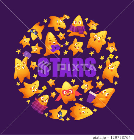 Stars characters in circle shape. cartoon cute stars mascot in round form Stars characters in circle shape. cartoon cute stars mascot in round form 129758764