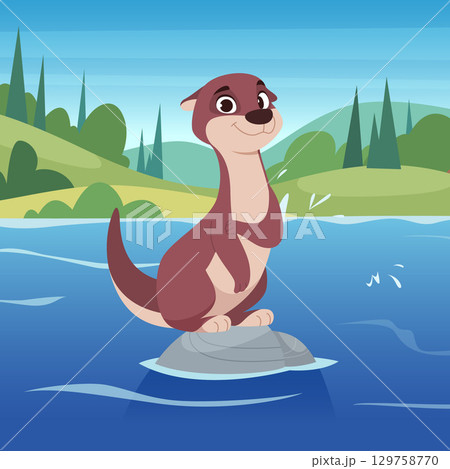 Otter. cartoon river animal otter standing on stone in river Otter. cartoon river animal otter standing on stone in river 129758770