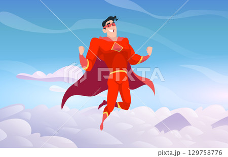 Hero in sky. superhero in red uniform flying. vector cartoon character 129758776