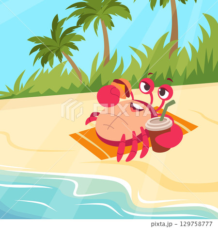 Crab. cute red ocean mascot crab relaxing on beach Crab. cute red ocean mascot crab relaxing on beach 129758777