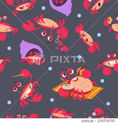 Crab pattern. cartoon template with different funny crab. seamless background Crab pattern. cartoon template with different funny crab. seamless background 129758781