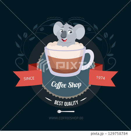 Coffee shop. ads placard with koala animal sitting and relaxing in mug 129758784
