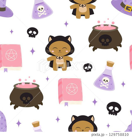 halloween seamless pattern with cat 129758810
