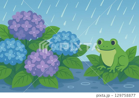 梅雨イメージ　6月　雨　アジサイ　カエル 129758877