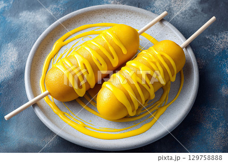 Two golden corndogs on sticks drizzled with yellow mustard, served on a white plate with a blue textured background 129758888