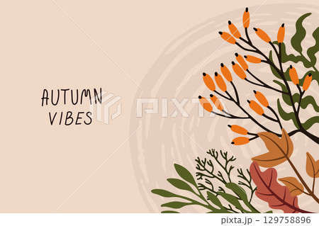 Autumn vibes banner with hand drawn leaves and berries 129758896